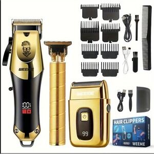 WEEME Professional Hair Clipper Trimmer Shaver Kit Gold Cordless Barber Set New
